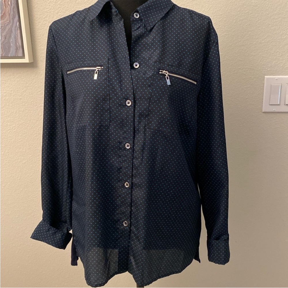 Jones New York Navy Blue Button-Up Shirt with Zipper Pockets